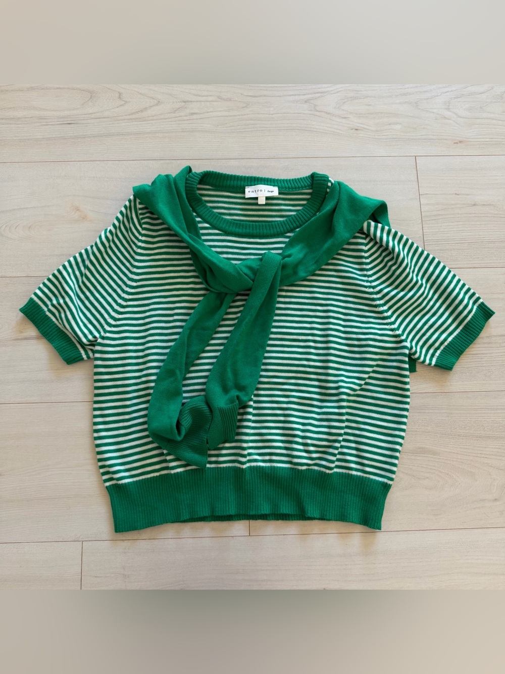 entro Green and White Striped Short Sleeve Knit Top with Shoulder Tie